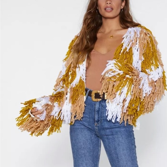 Nasty Gal Mustard Beige White Fringed Chunky Knit Cardigan - Picture 3 of 10